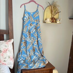 Blue Tropical Leaf Print Maxi Dress
